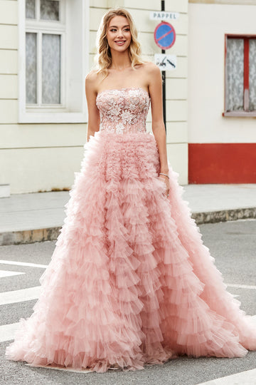A-Line Strapless Beaded Blush Tiered Long Ball Dress With Appliques